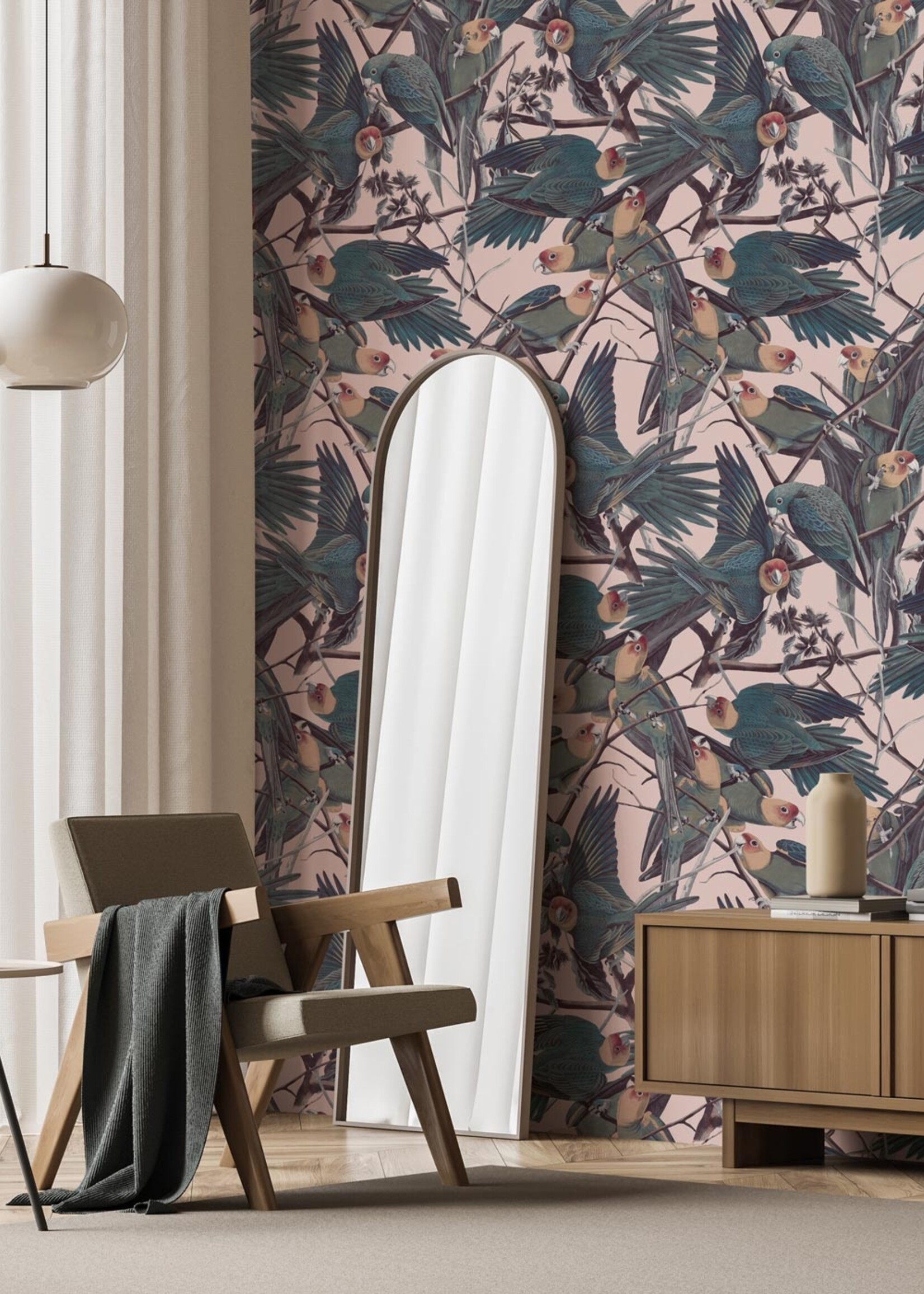 Wandvullend Botanisch behang Parrots