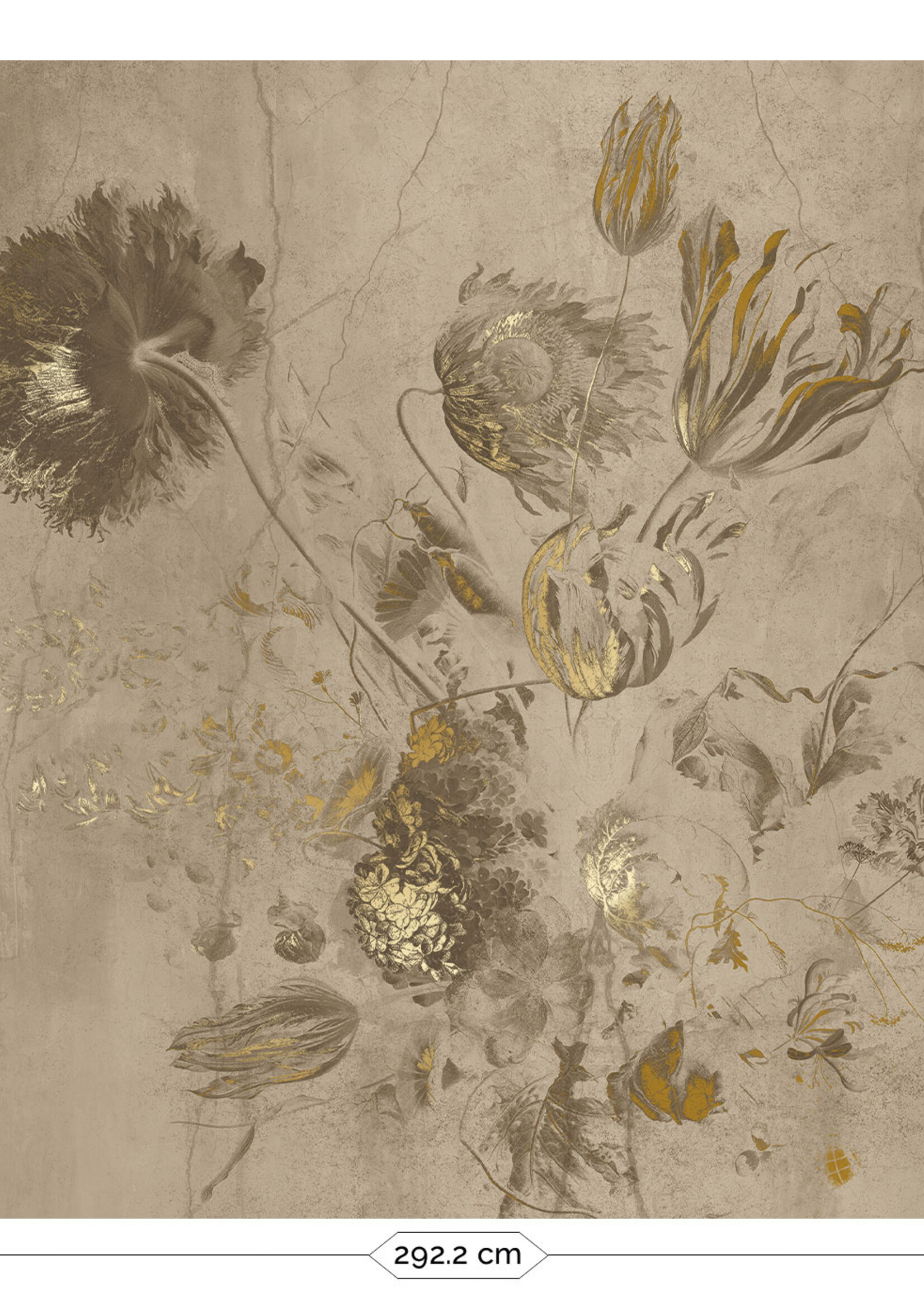 Wandvullend Fresco Flowers | Floral wallpaper by Frans Uyterlinde | High Gloss Gold/Beige