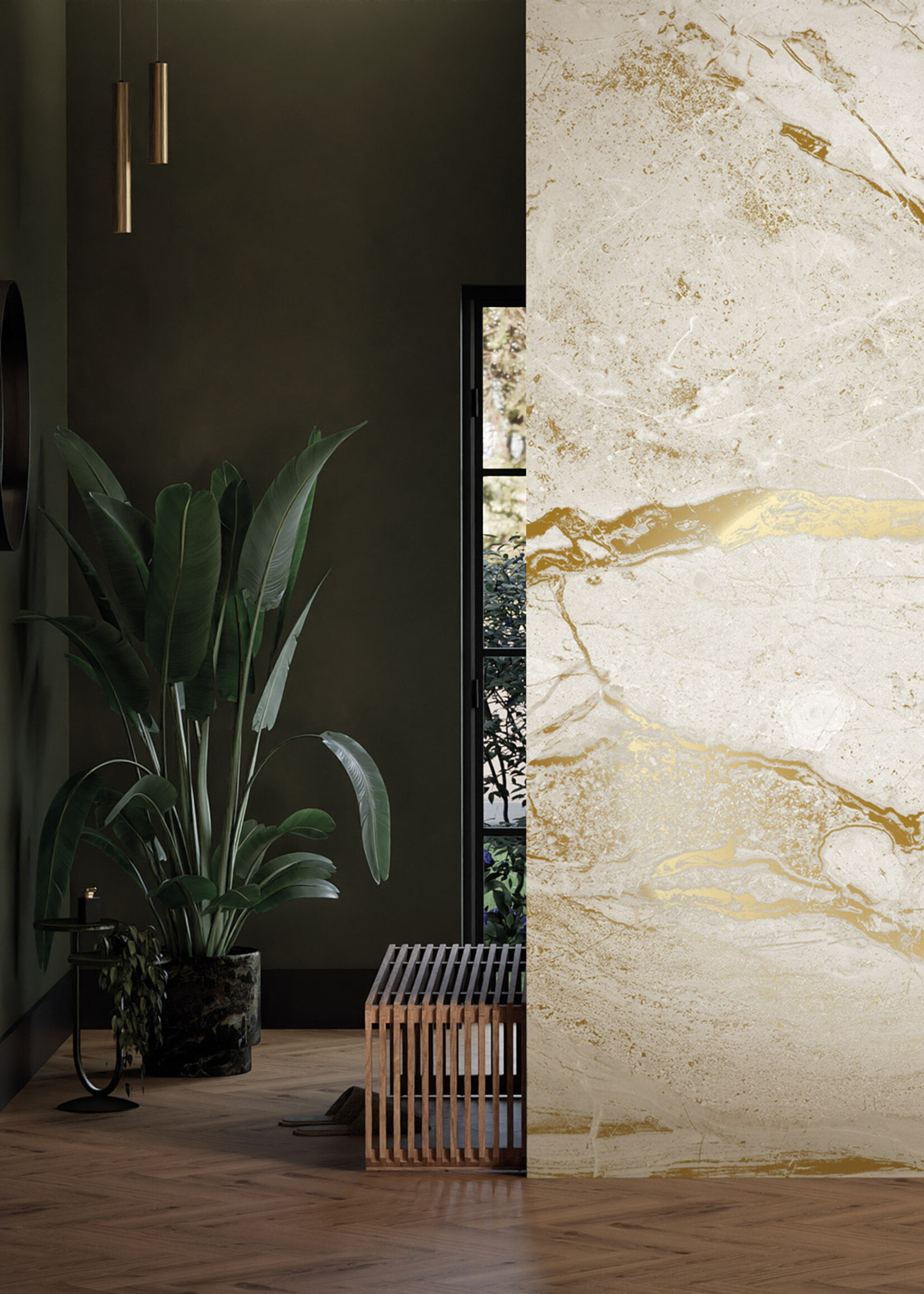 Wandvullend Marmer behang door Frans Uyterlinde | High Gloss Gold/Wit