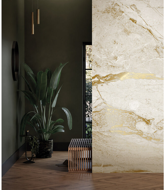 Marmor Tapete von Frans Uyterlinde | High Gloss Gold/Weiss