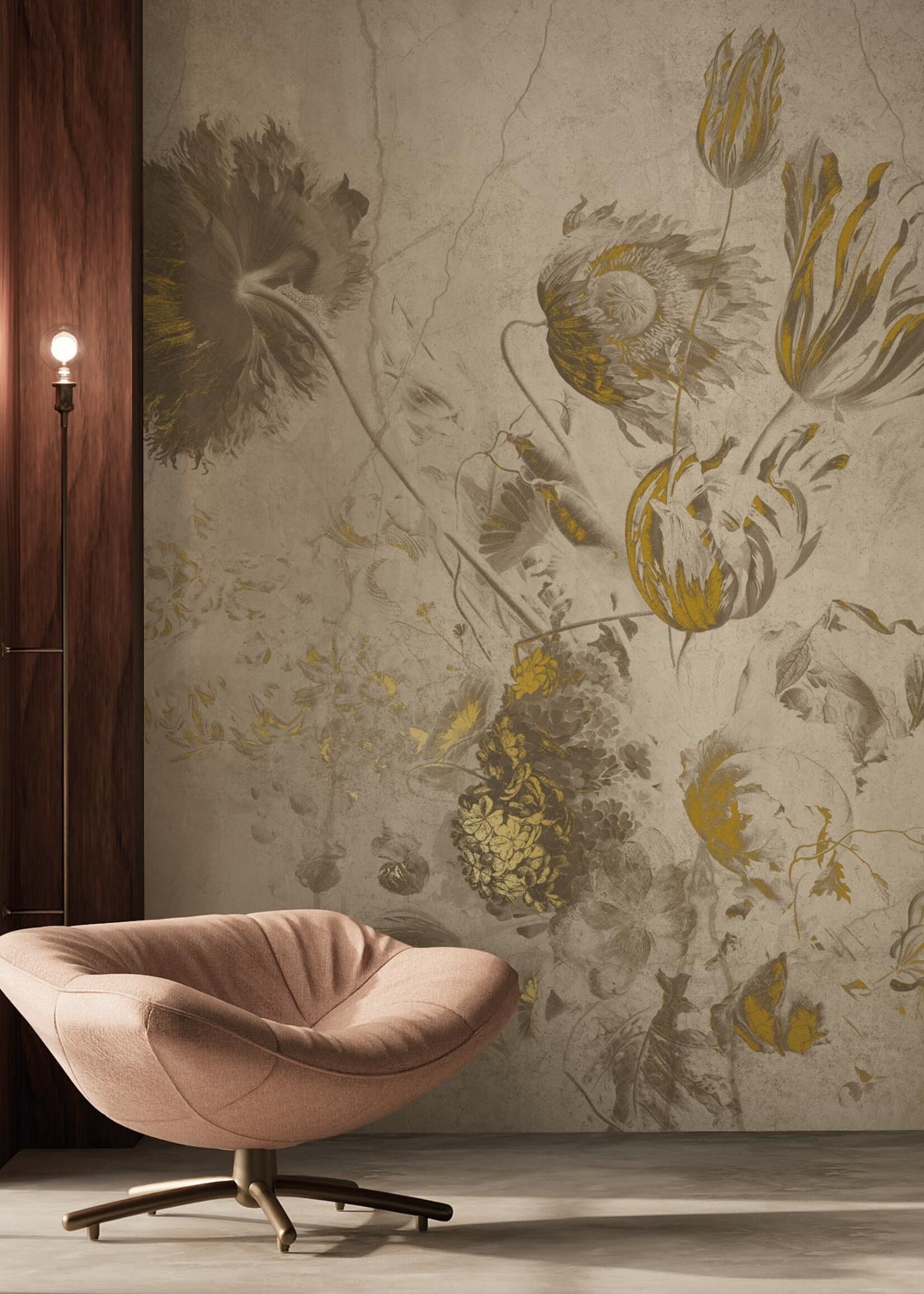 Wandvullend Fresco Flowers | Floral wallpaper by Frans Uyterlinde | High Gloss Gold/Beige