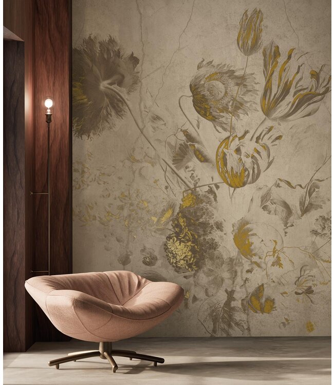 Fresco Flowers | Floral wallpaper by Frans Uyterlinde | High Gloss Gold/Beige