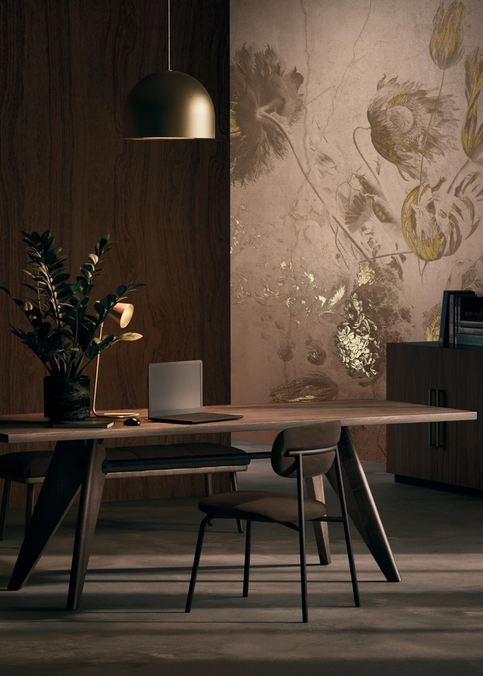 Wandvullend Fresco Flowers | Blumen Tapete von Frans Uyterlinde | High Gloss Gold/Rosa