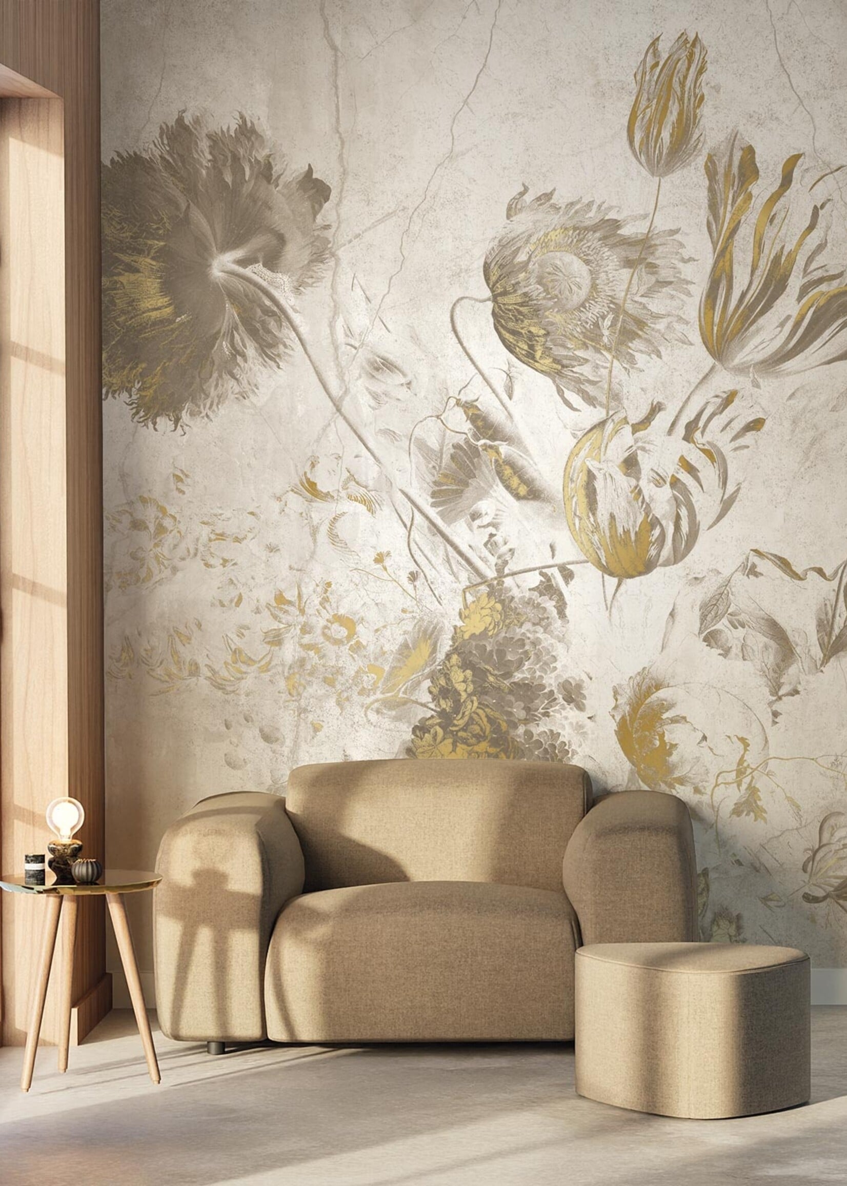 Wandvullend Fresco Flowers | Bloemen behang door Frans Uyterlinde | High Gloss Gold/Wit