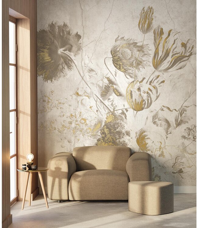 Fresco Flowers | Bloemen behang door Frans Uyterlinde | High Gloss Gold/Wit