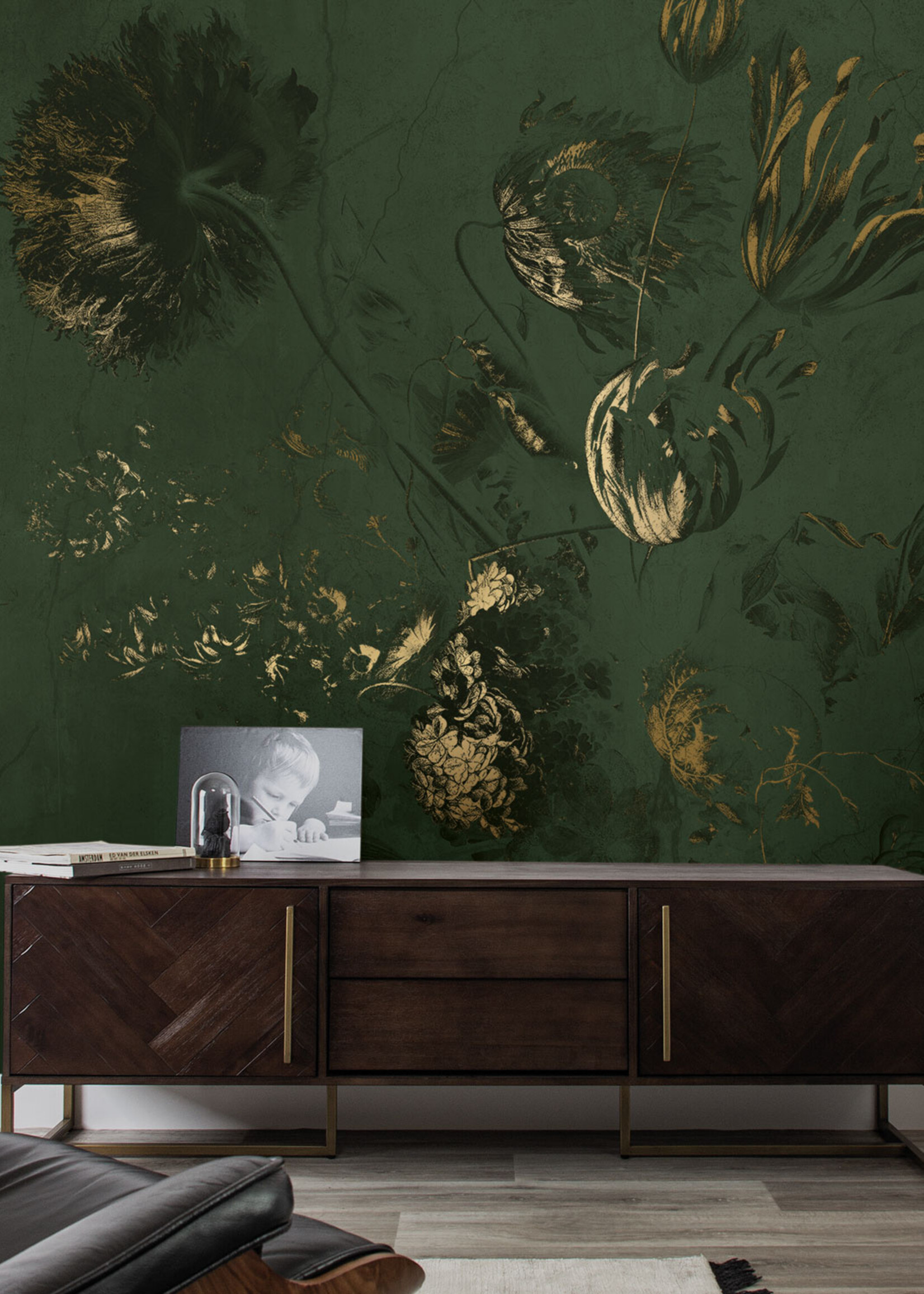 Wandvullend Fresco Flowers | Bloemen behang door Frans Uyterlinde | High Gloss Gold/Groen