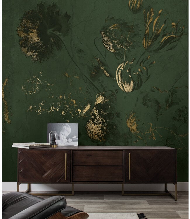 Fresco Flowers | Blumen Tapete von Frans Uyterlinde | High Gloss Gold/Grün