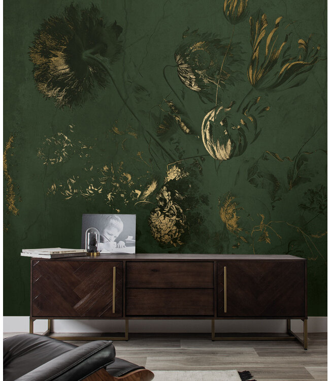 Fresco Flowers | Floral wallpaper by Frans Uyterlinde | High Gloss Gold/Green