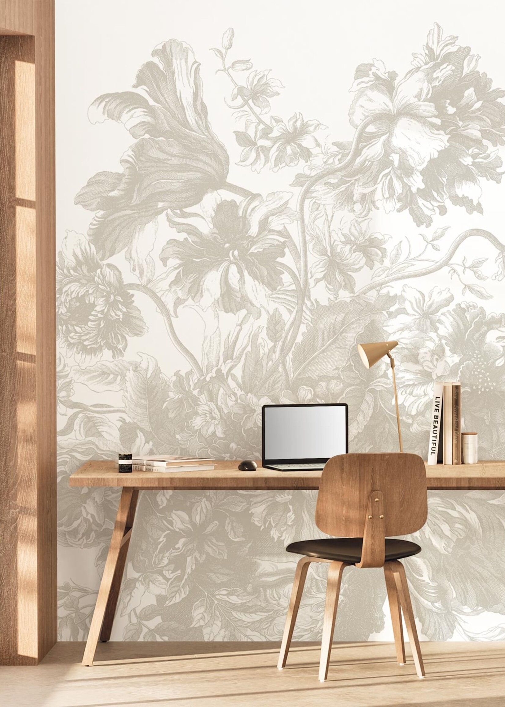 Wandvullend Engraved Flowers | Bloemen behang door Frans Uyterlinde | Grijs