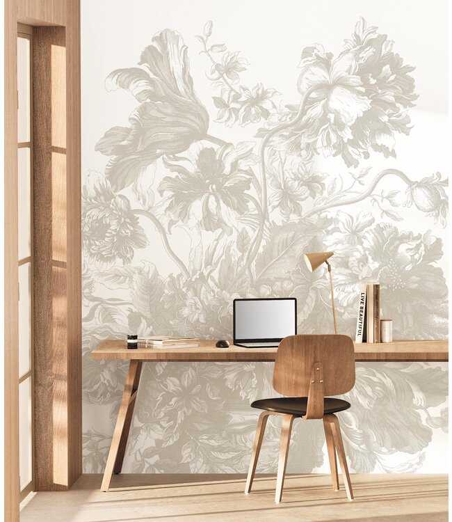 Engraved Flowers | Bloemen behang door Frans Uyterlinde | Grijs