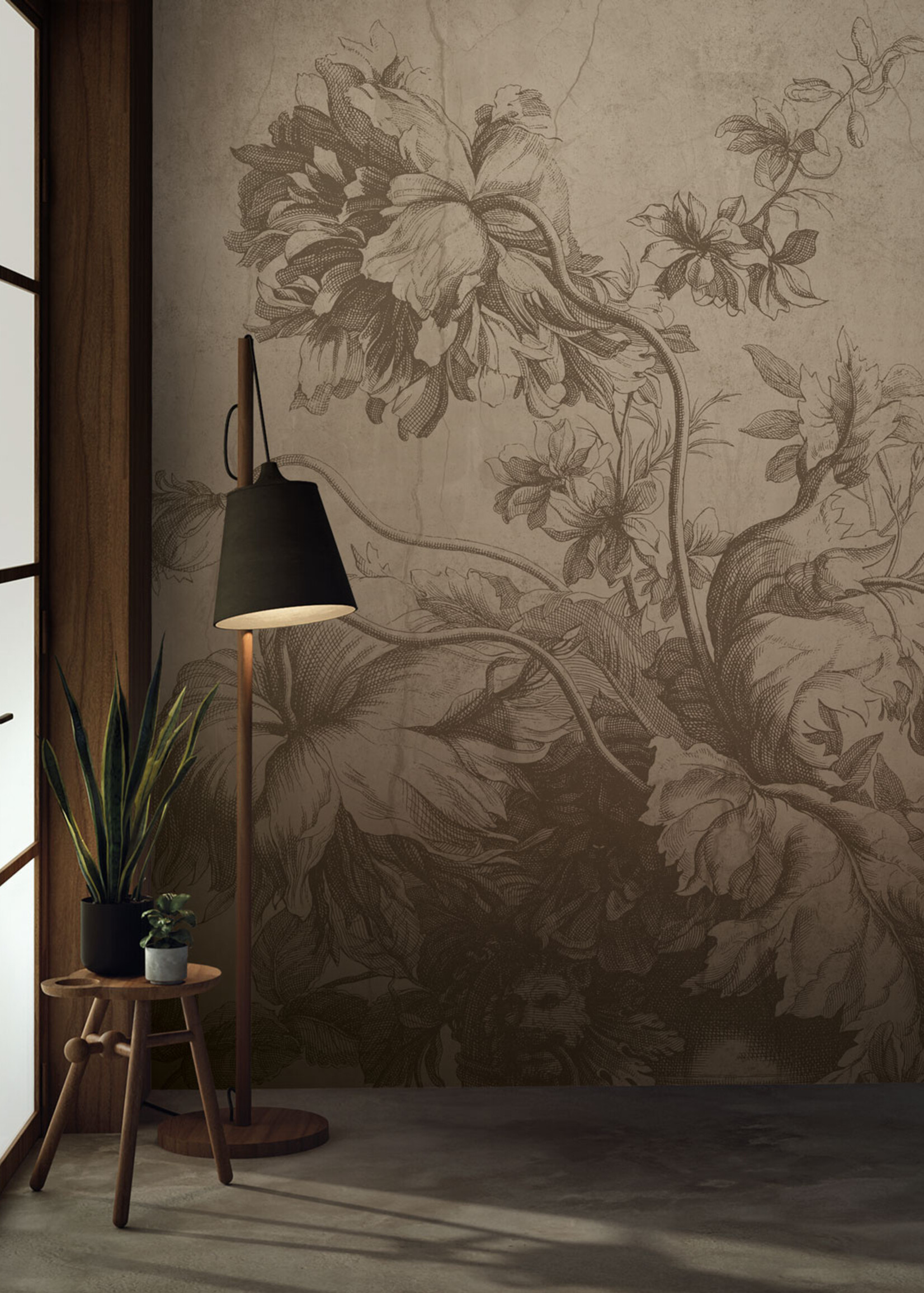 Wandvullend Gradient Flowers | Blumen Tapete von Frans Uyterlinde | Beige
