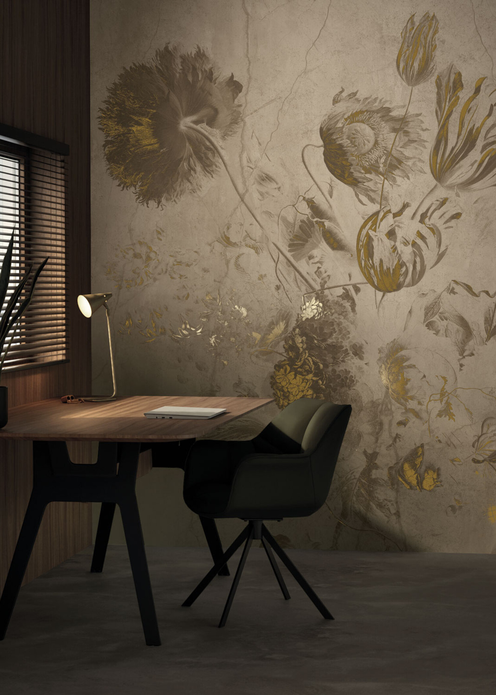 Wandvullend Fresco Flowers | Floral wallpaper by Frans Uyterlinde | High Gloss Gold/Beige