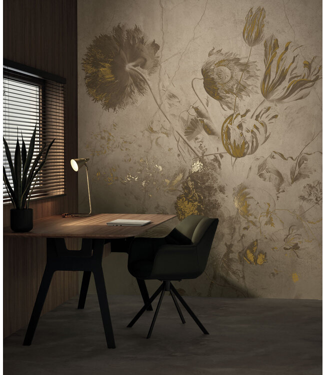 Fresco Flowers | Blumen Tapete von Frans Uyterlinde | High Gloss Gold/Beige