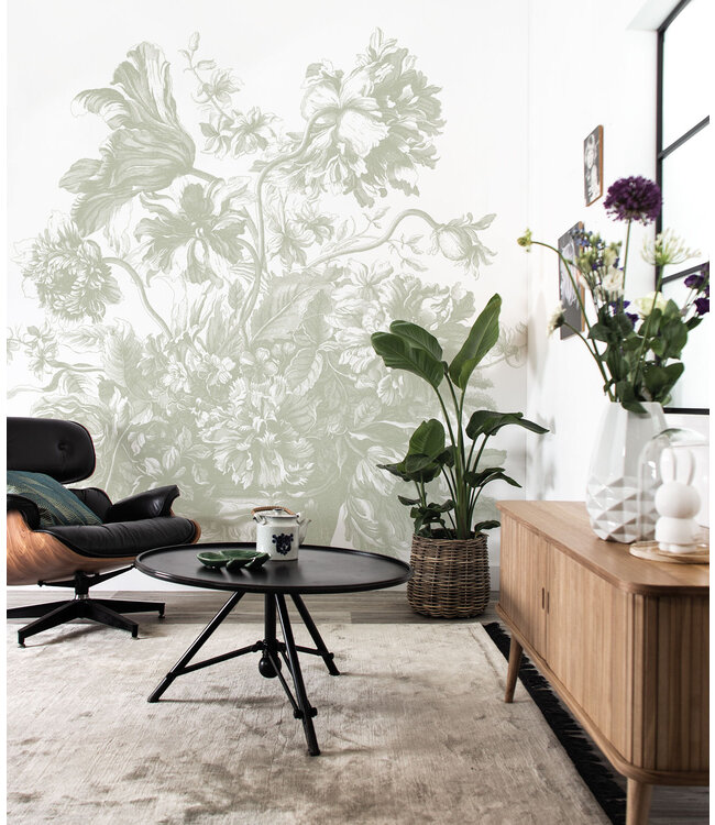 Engraved Flowers | Bloemen behang door Frans Uyterlinde | Groen