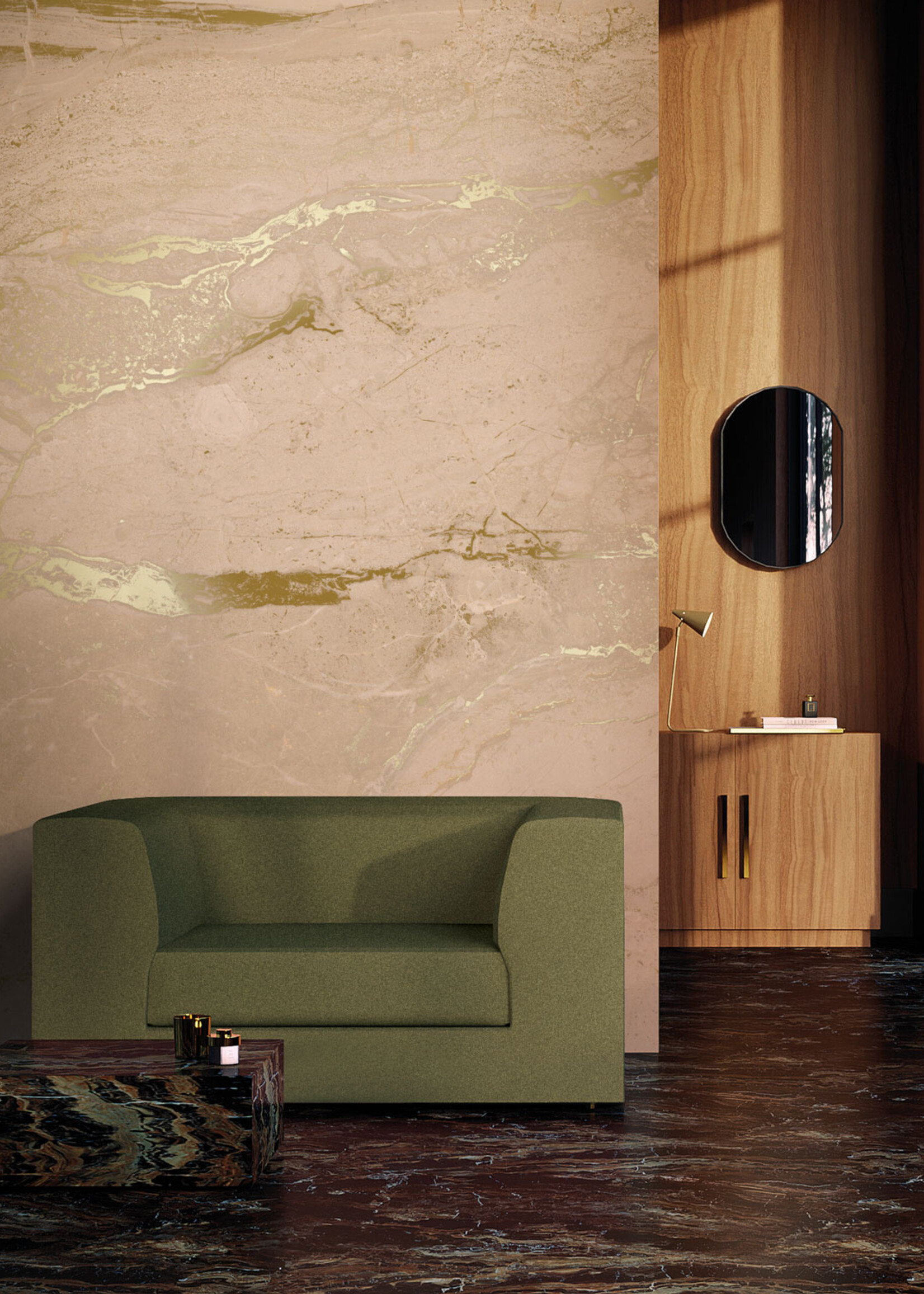 Wandvullend Marmor Tapete von Frans Uyterlinde | High Gloss Gold/Rosa