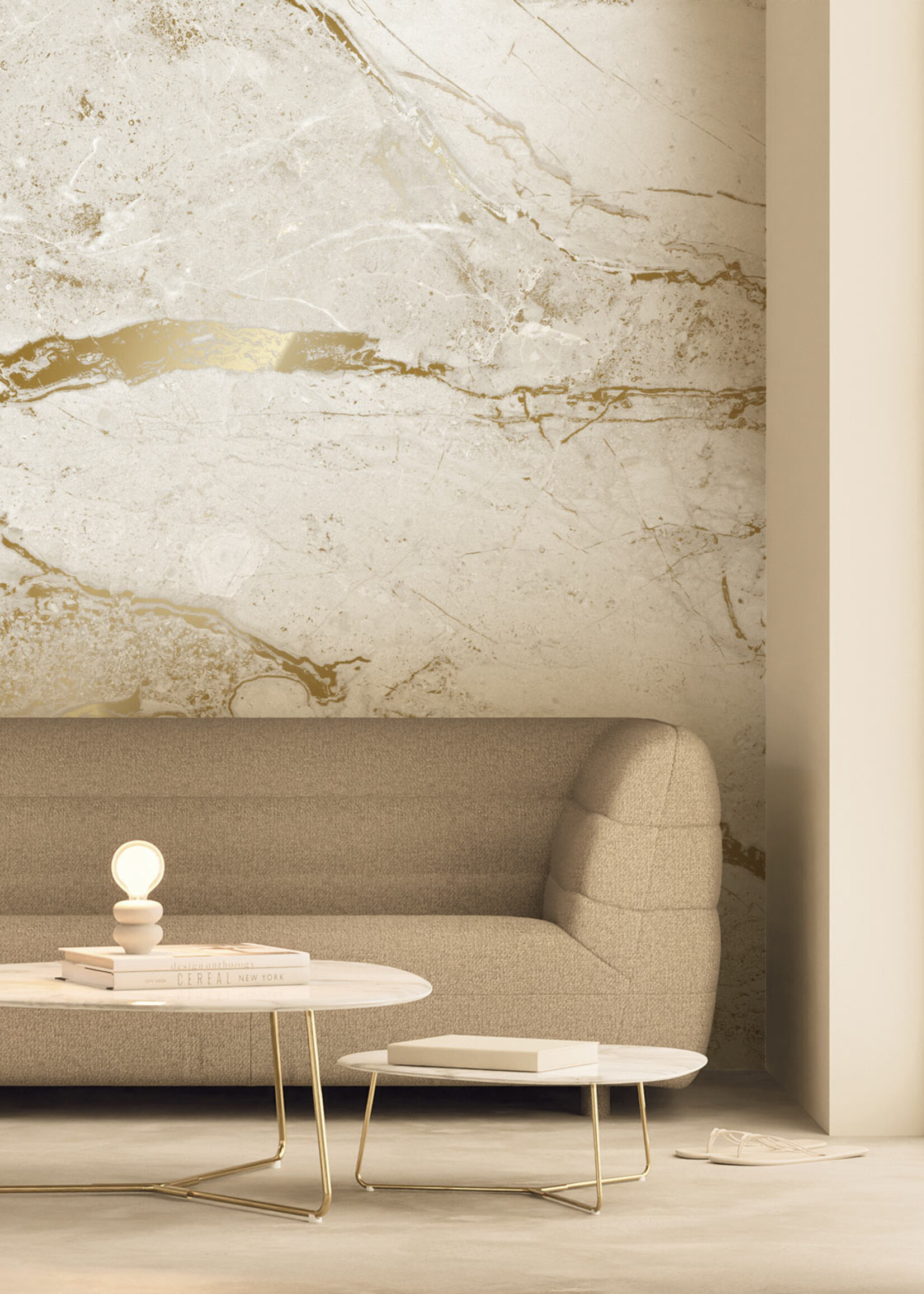 Wandvullend Marmor Tapete von Frans Uyterlinde | High Gloss Gold/Weiss