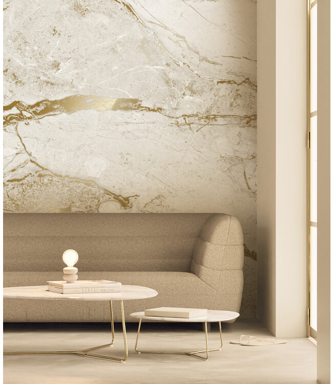 Marmor Tapete von Frans Uyterlinde | High Gloss Gold/Weiss