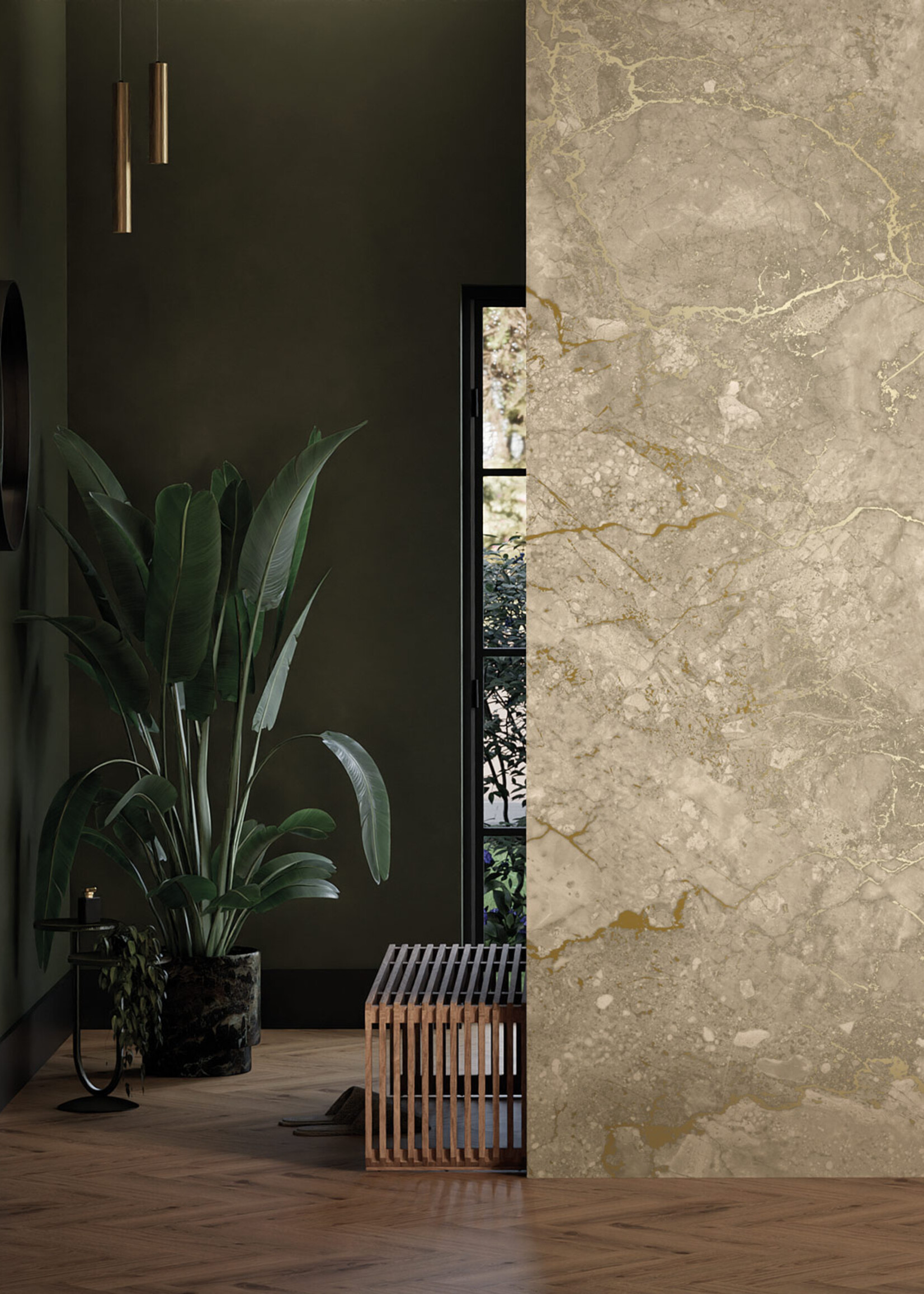 Wandvullend Marmor Tapete von Frans Uyterlinde | High Gloss Gold/Beige