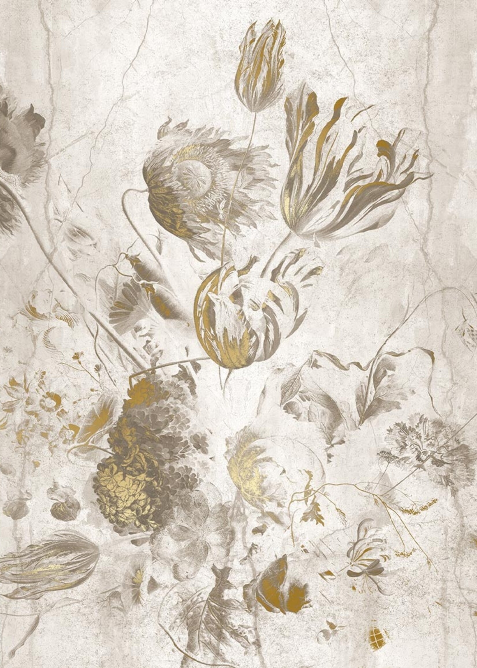 Wandvullend Fresco Flowers | Floral wallpaper by Frans Uyterlinde | High Gloss Gold/White