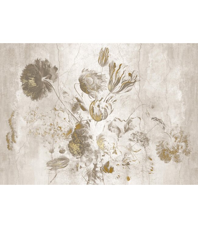 Fresco Flowers | Blumen Tapete von Frans Uyterlinde | High Gloss Gold/Weiss