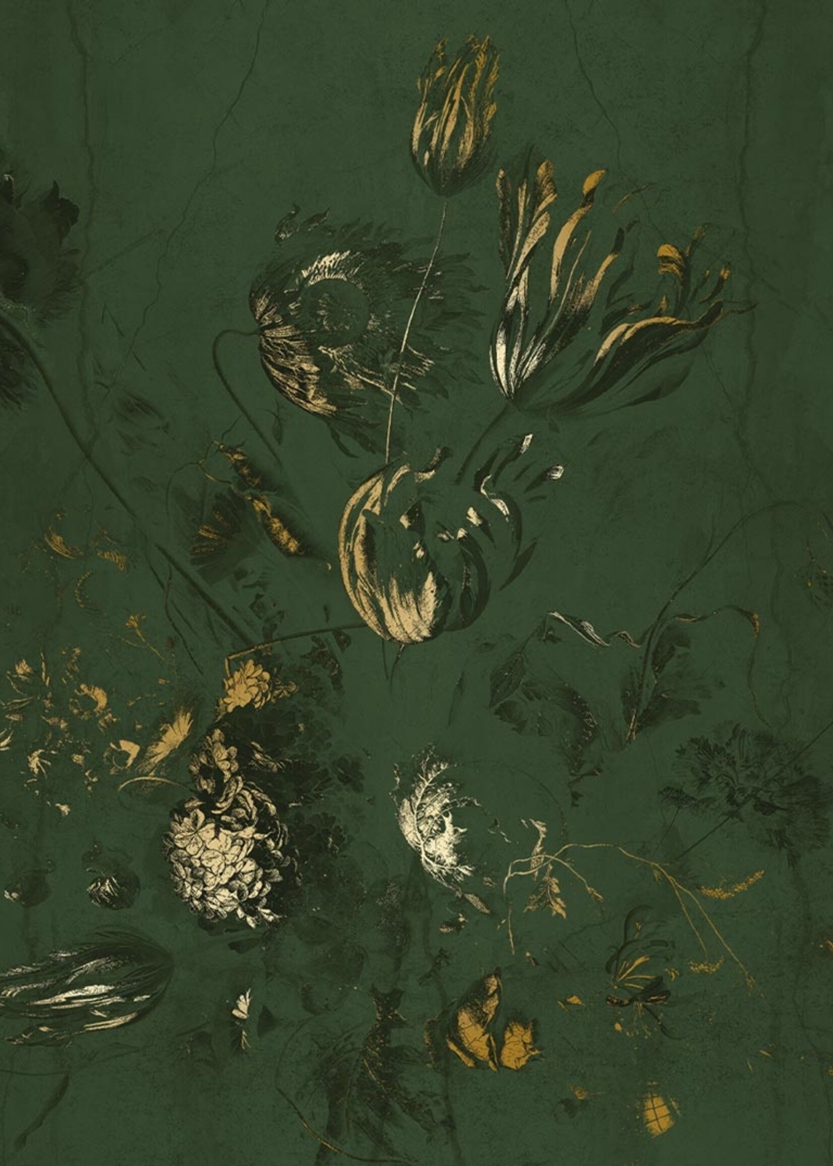 Wandvullend Fresco Flowers | Blumen Tapete von Frans Uyterlinde | High Gloss Gold/Grün