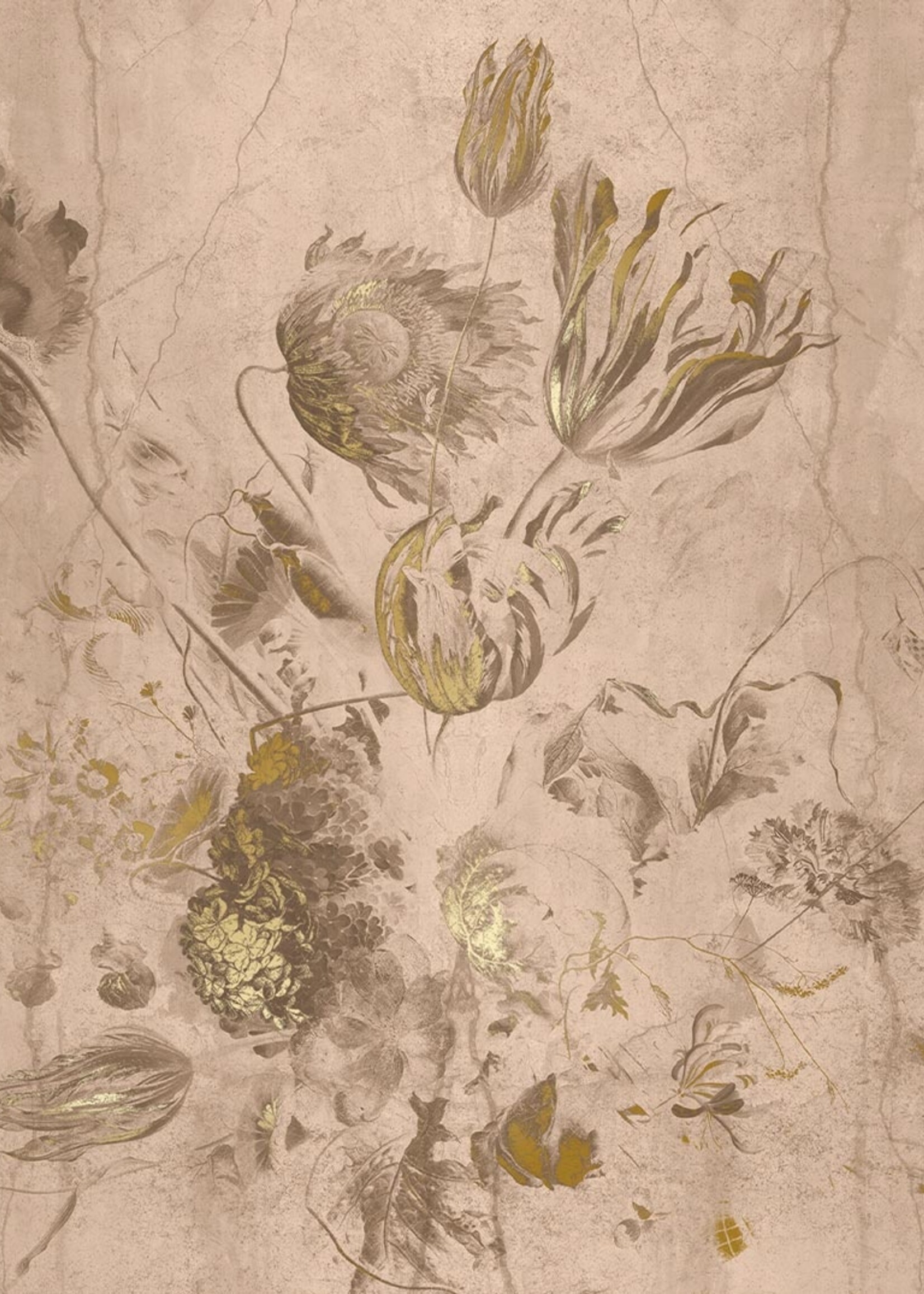 Wandvullend Fresco Flowers | Bloemen behang door Frans Uyterlinde | High Gloss Gold/Nude