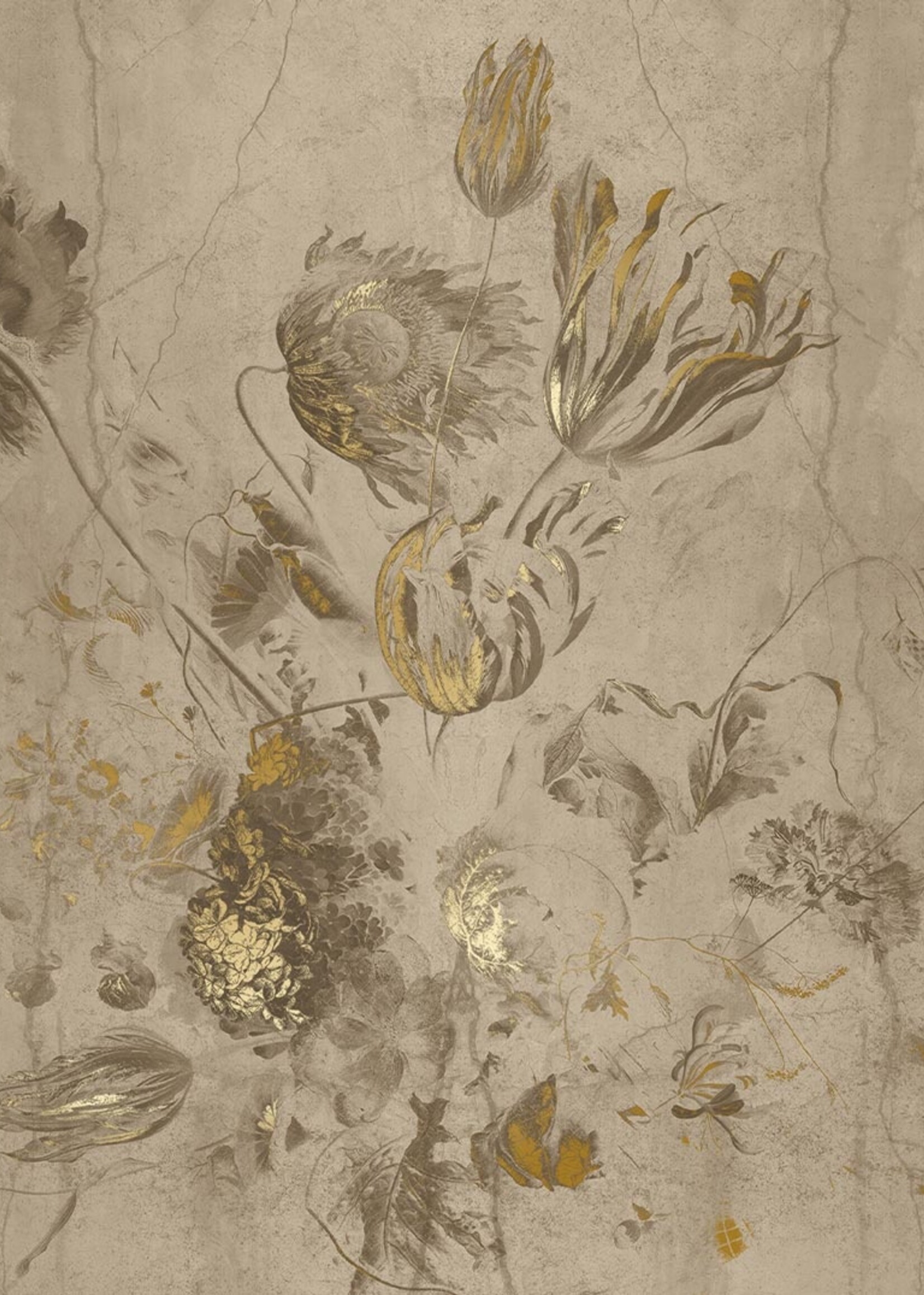 Wandvullend Fresco Flowers | Bloemen behang door Frans Uyterlinde | High Gloss Gold/Beige