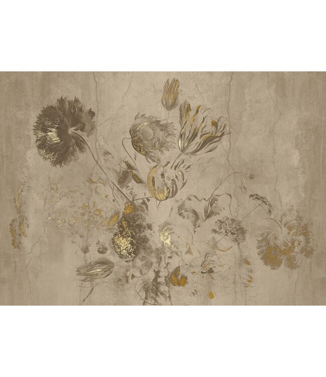 Fresco Flowers | Blumen Tapete von Frans Uyterlinde | High Gloss Gold/Beige