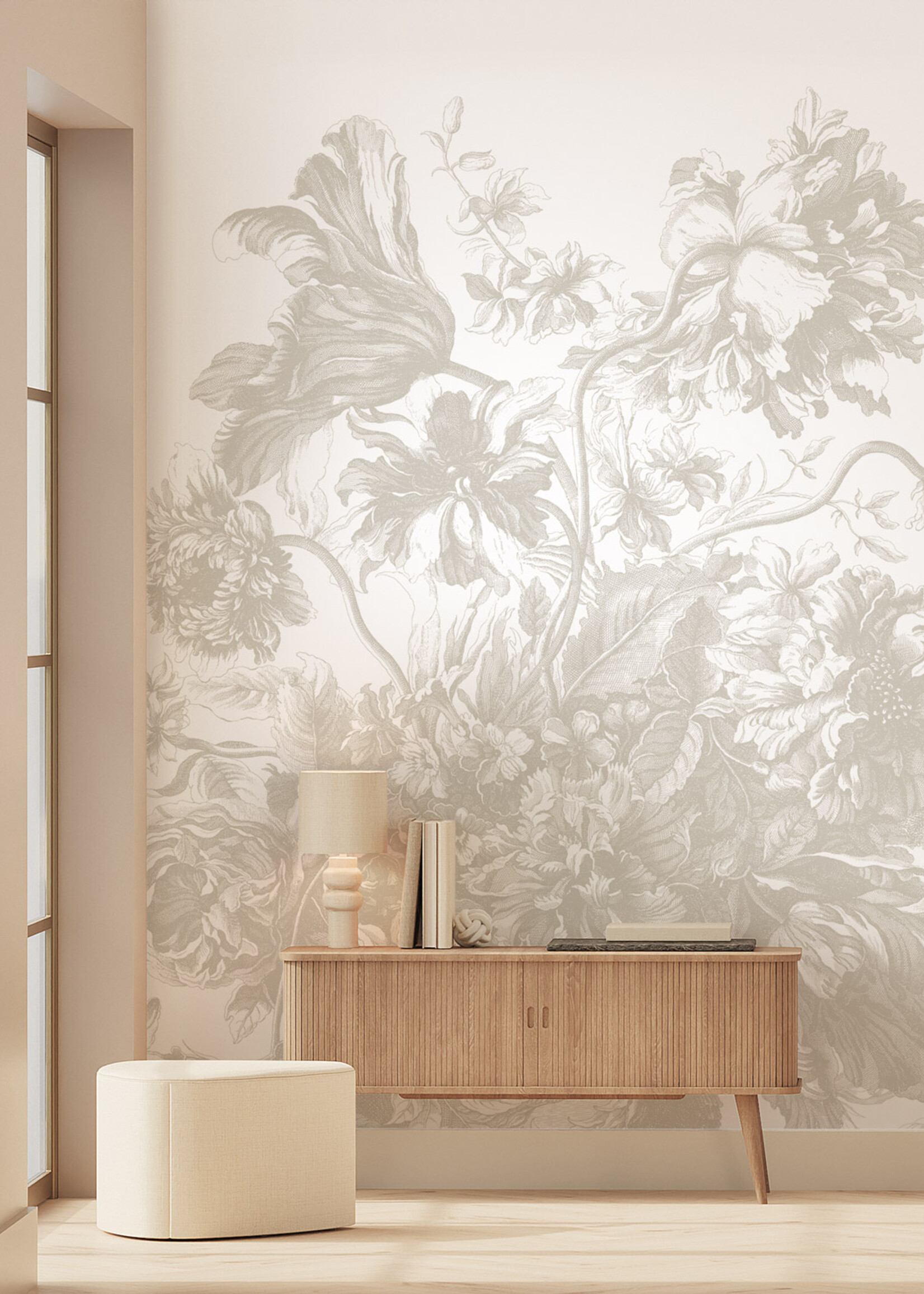 Wandvullend Engraved Flowers | Floral wallpaper by Frans Uyterlinde | Grey