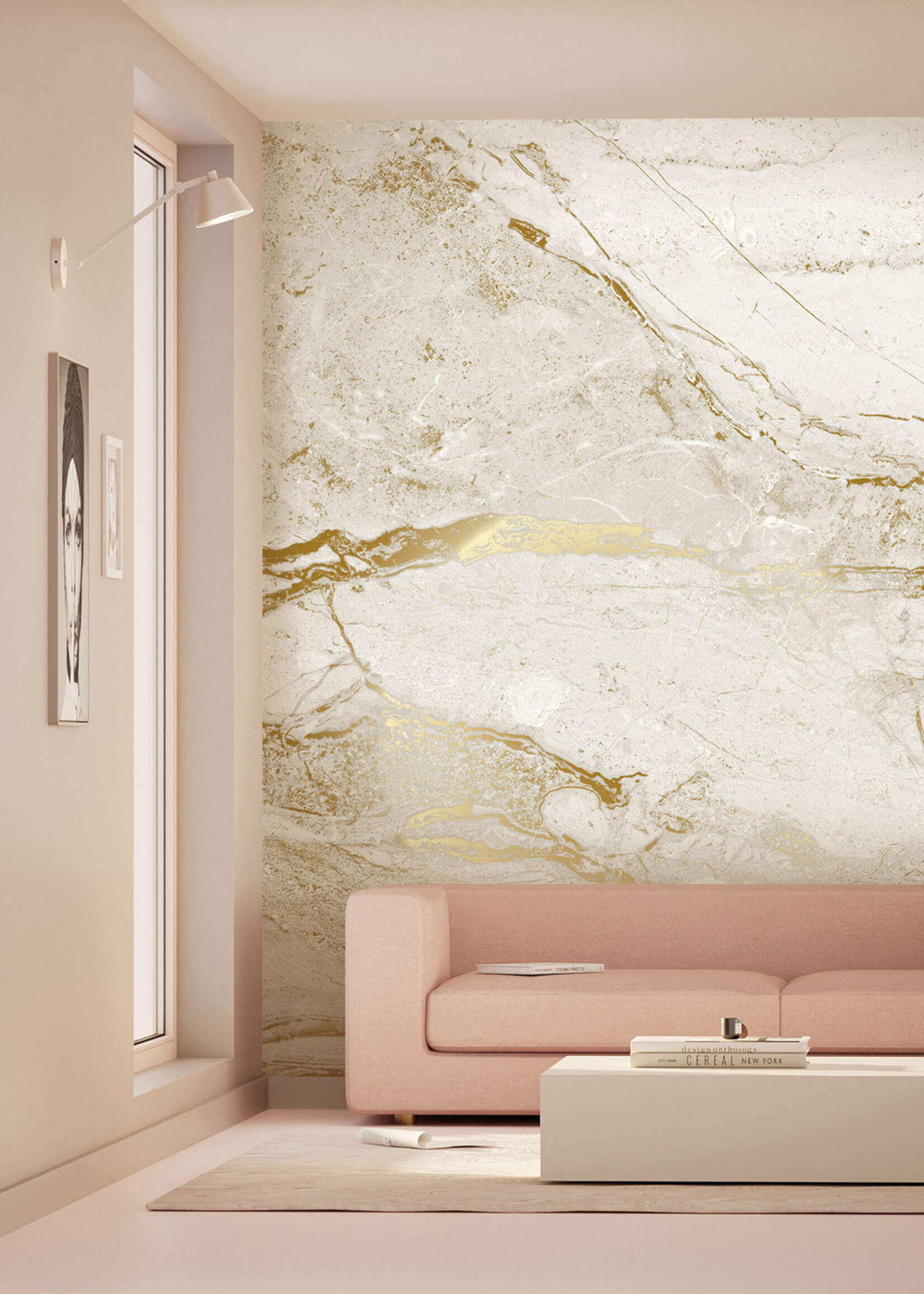Wandvullend Marmor Tapete von Frans Uyterlinde | High Gloss Gold/Weiss