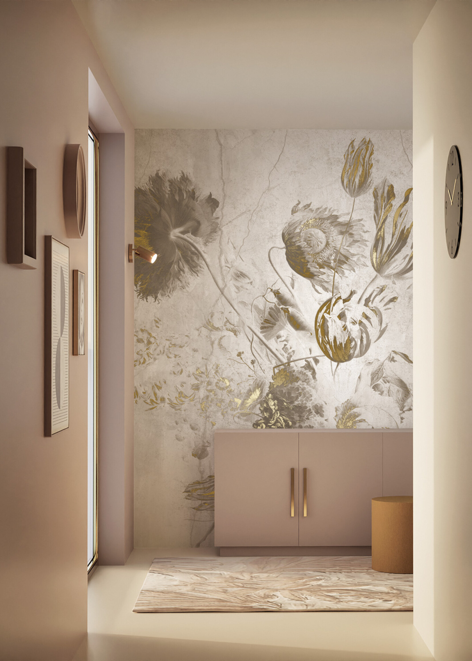 Wandvullend Fresco Flowers | Blumen Tapete von Frans Uyterlinde | High Gloss Gold/Weiss