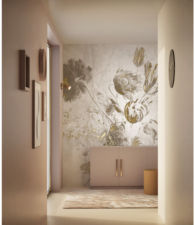 Fresco Flowers | Bloemen behang door Frans Uyterlinde | High Gloss Gold/Wit