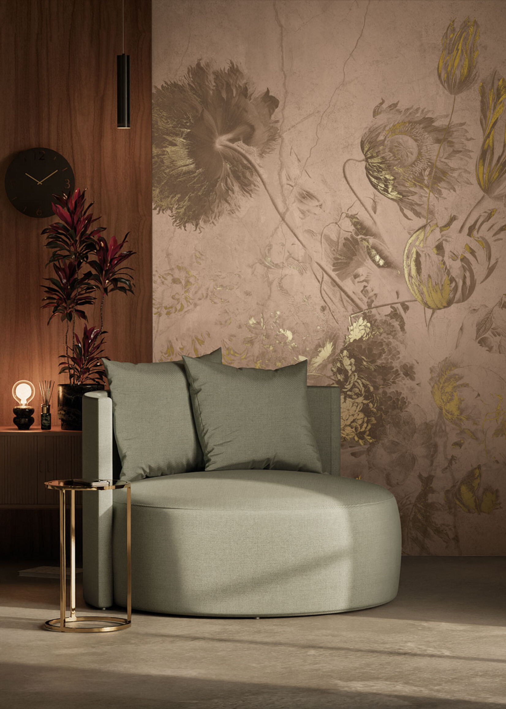 Wandvullend Fresco Flowers | Bloemen behang door Frans Uyterlinde | High Gloss Gold/Nude