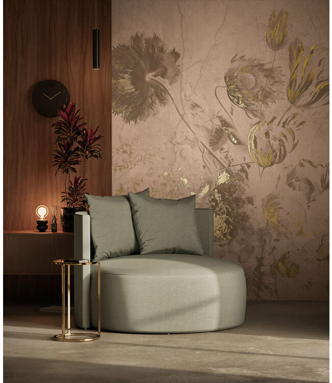 Fresco Flowers | Blumen Tapete von Frans Uyterlinde | High Gloss Gold/Rosa