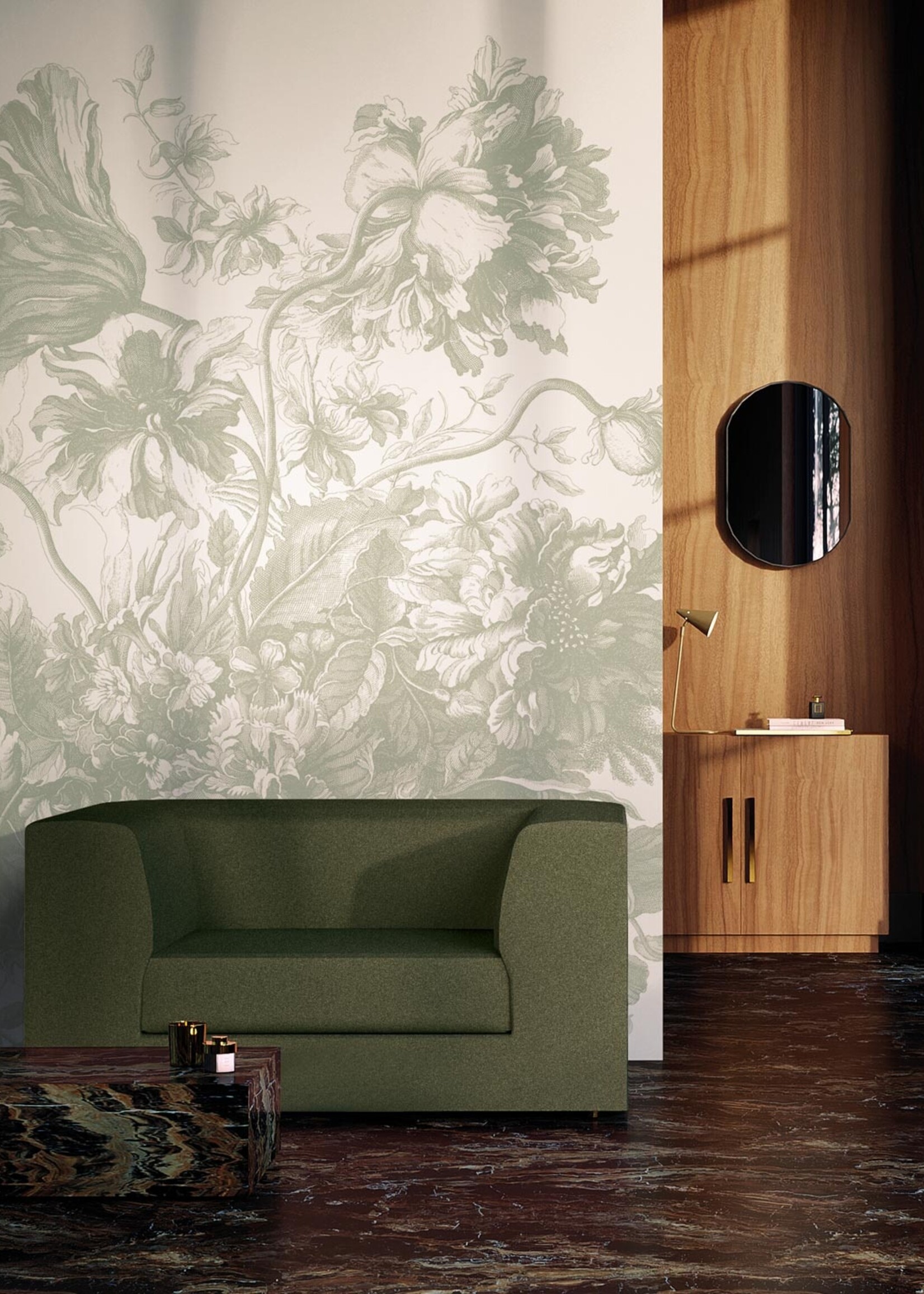 Wandvullend Engraved Flowers | Floral wallpaper by Frans Uyterlinde | Green