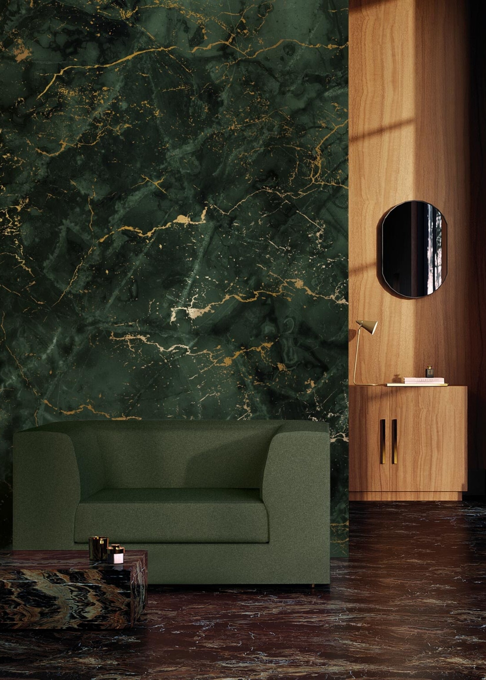 Wandvullend Marble wallpaper by Frans Uyterlinde | High Gloss Gold/Green