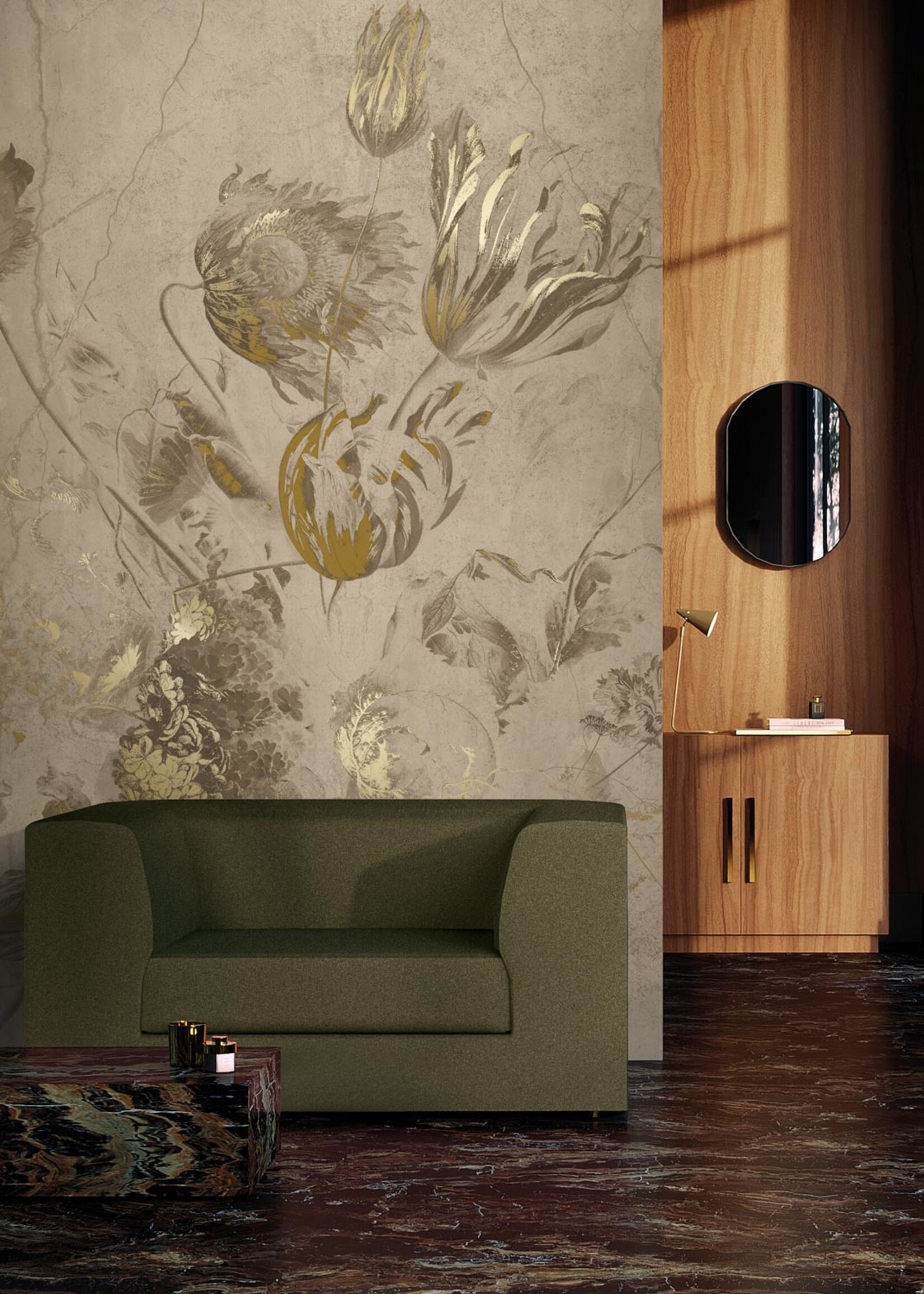 Wandvullend Fresco Flowers | Bloemen behang door Frans Uyterlinde | High Gloss Gold/Beige