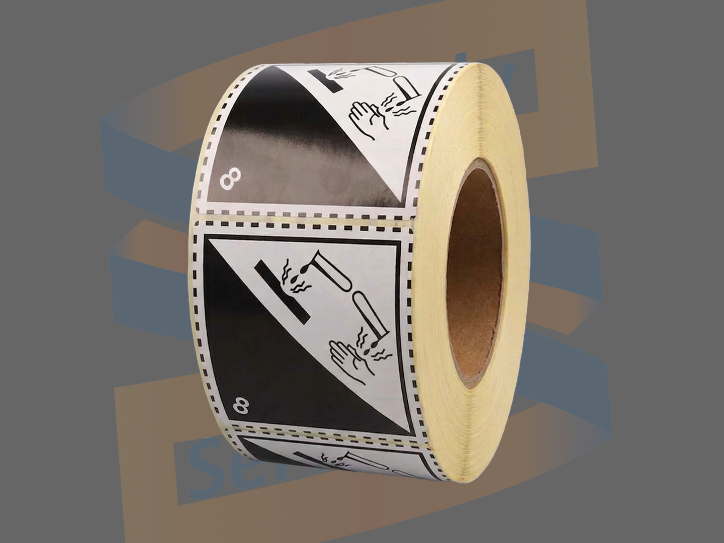Waarschuwingsetiket ADR Klasse 8 Bijtende stoffen, Paperlabels, 100mm x 100mm, Permanent, Kern 76mm, rol à 1.000 stuks