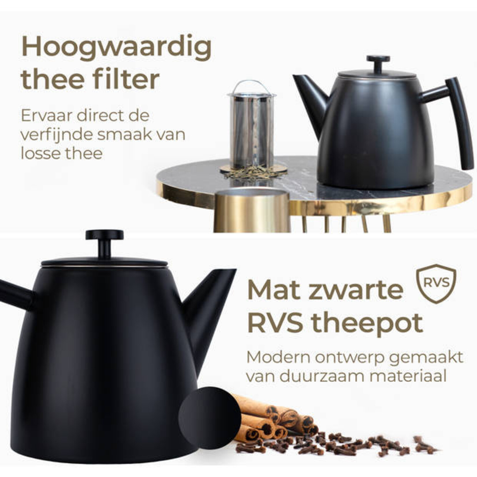 Vaja RVS dubbelwandige Theepot mat zwart 1 liter