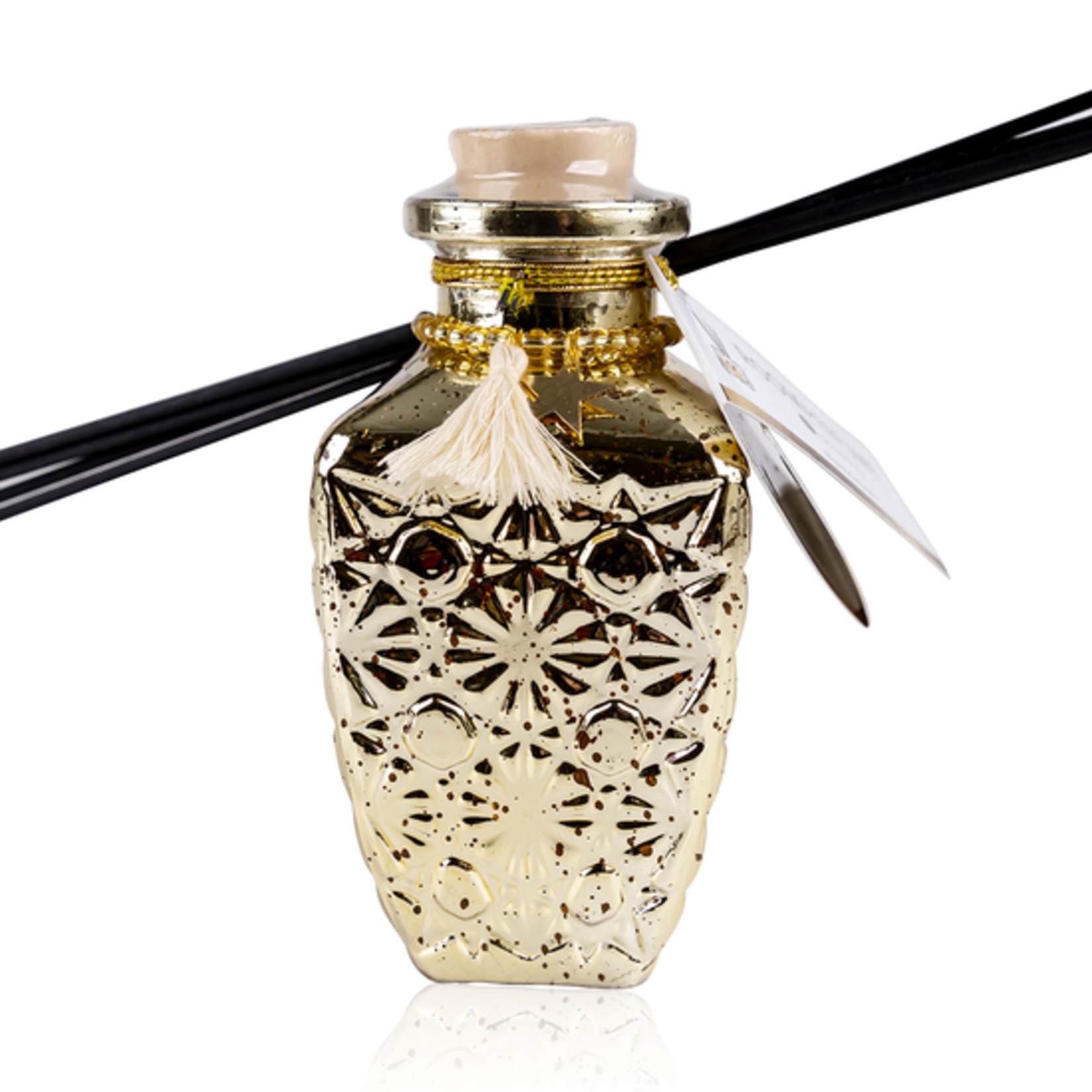 AC Geurstokjes Romantic Vintage - 240 ml - Huisparfum - Kruidig Orange/Cinnamon - Gouden Glazen fles met Hartjes hanger