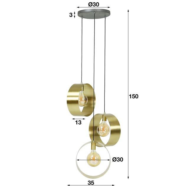 D - Hoyz - Hanglamp Vegas met 3 ronde lampen - Goud afgewerkt - 150cm lang - Getrapt - Industriële Hanglamp voor woonkamer of eetkamer