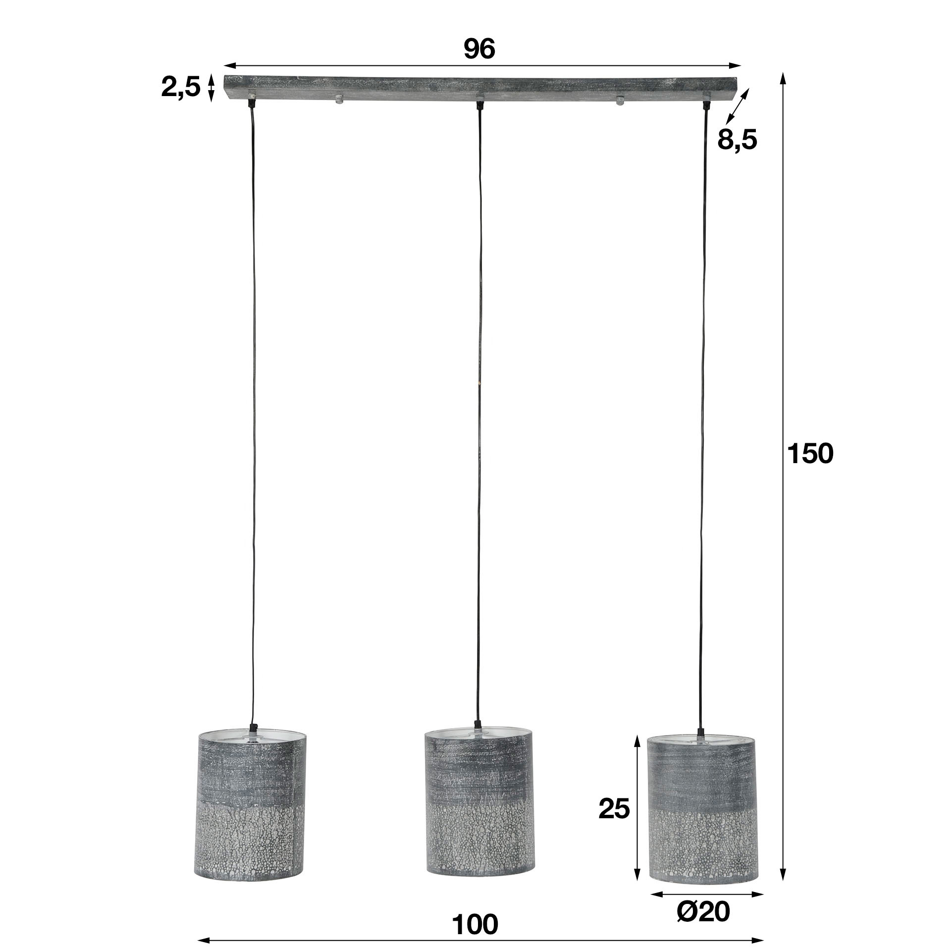 Hanglamp Cilinder - 3xØ20 - Grijs - 100x20x150
