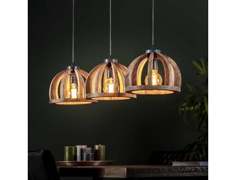 Hoyz - Hanglamp - 3 lampen - Gebogen houten spijlen Ø30 - Stoere look -Mango naturel