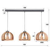 Hoyz - Hanglamp gemaakt van naturel mangohout- 3 lampen - Gebogen houten spijlen Ø30 - Stoere look -150cm in hoogte verstelbaar - Industriële Hanglamp voor woonkamer of eetkamer