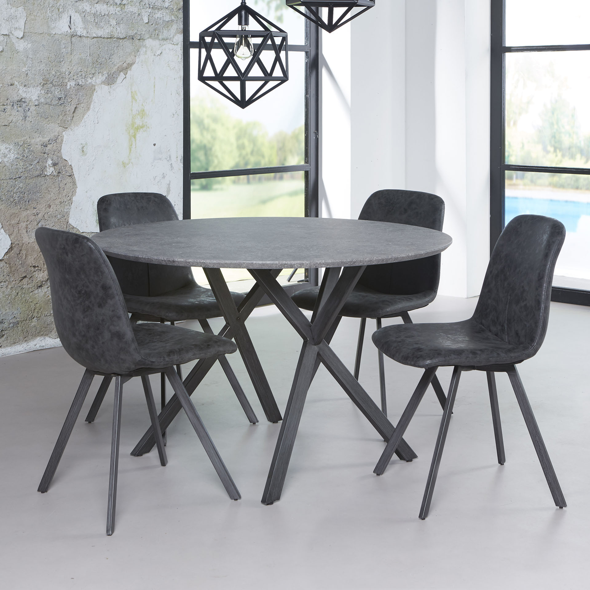 Hoyz - Industriele Eetkamertafel - Zwart Frame - Grijze Betonlook - 120x120x76