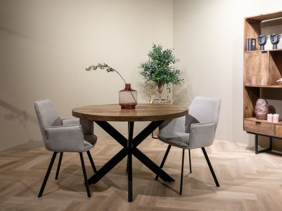 Livingfurn - Eetkamertafel Rocky Round Spider 120cm - Mangohout / Gecoat Staal