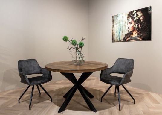 Livingfurn - Eetkamertafel Rocky Round Spider 130cm - Mangohout / Gecoat Staal