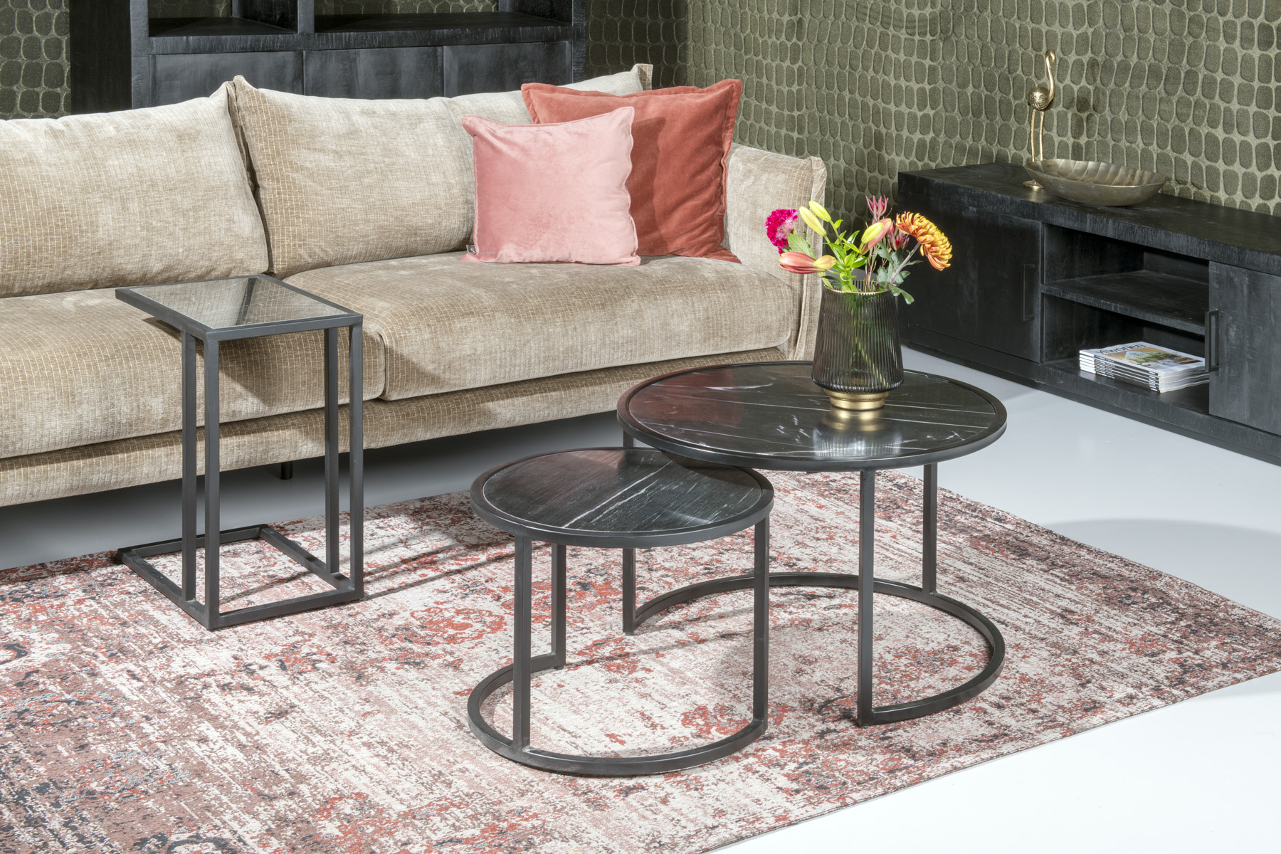 Livingfurn - Salontafel Jamie Zwart - Set van 2 - 70x70x38 - Marmer