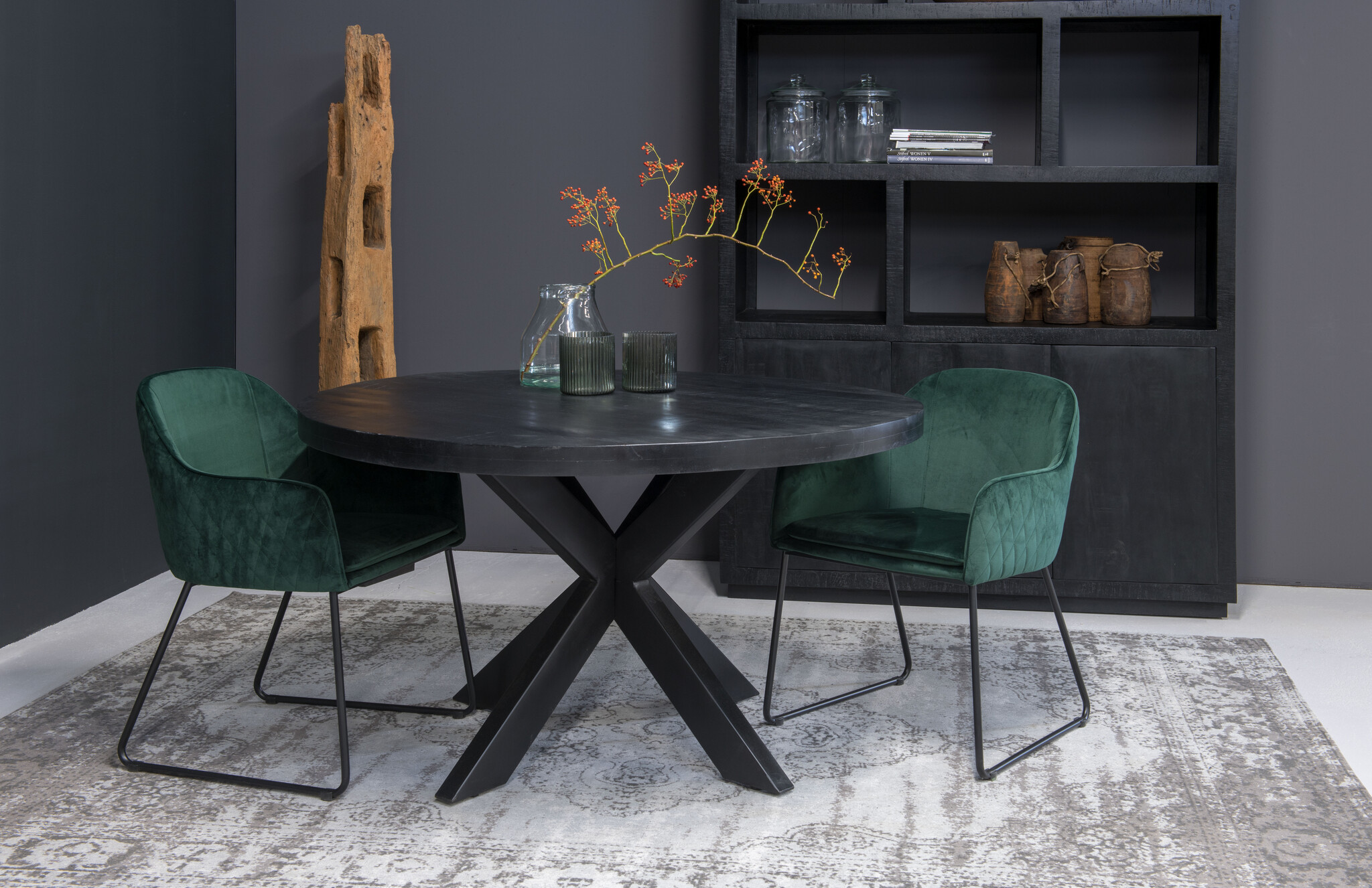 Livingfurn - Ronde Zwarte Eetkamertafel Kala - Spider Tafelpoten - van Mango Hout en Gecoat Staal - 130 cm