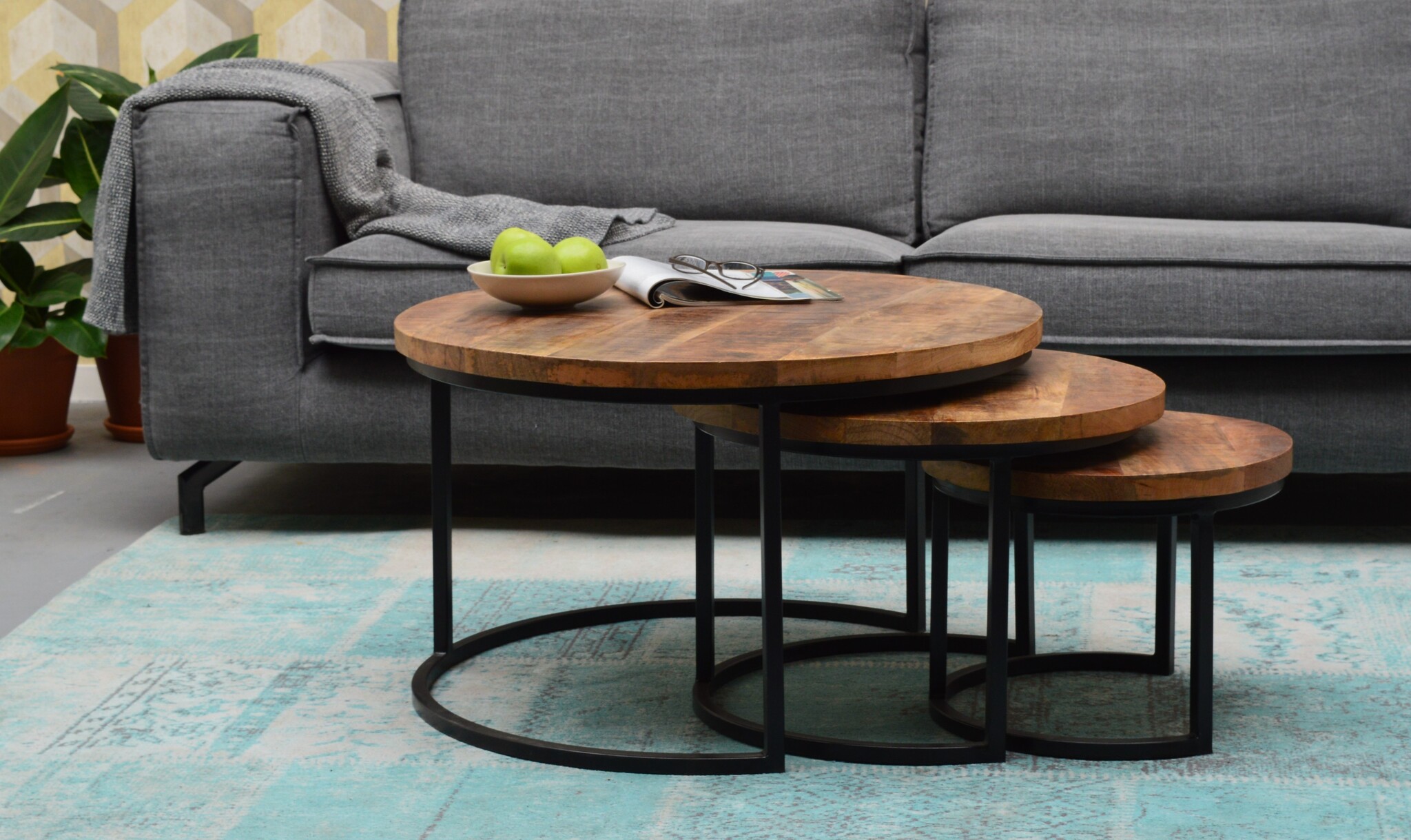 Livingfurn - Salontafel Lifestyle Vince - 73x73x44 - Set van 3 - Mangohout